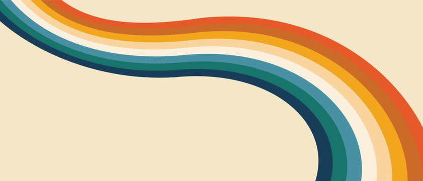 Vintage 70s retro background vector. Abstract wavy stripes in warm colors on a light backdrop. Nostalgic mid-century style wallpaper for posters, banners, and decorative design