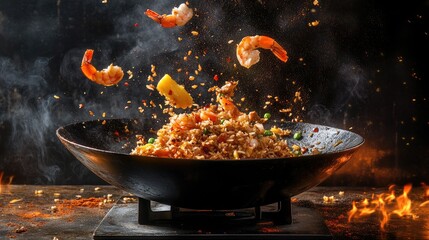 A wok tossing shrimp fried rice with pineapple, with ingredients flying mid-air, capturing the dynamic cooking process