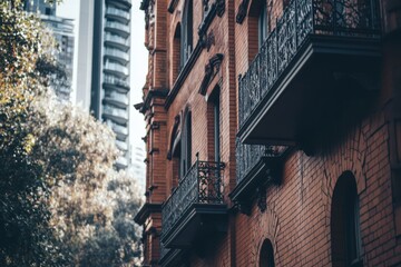 Architectural details of a vintage brick building with wrought iron balconies surrounded by modern skyscrapers in an urban setting during daylight hours