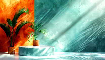 A vibrant abstract backdrop features a podium and potted plants, setting an ideal stage for showcasing products in a contemporary space