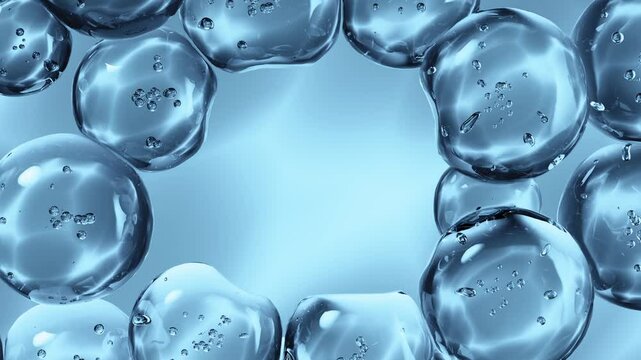 Floating liquid spheres arranged in a frame with microscopic air inclusion on light blue background. 3D rendered animation
