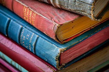 A stack of vintage books reveals rich colors and worn covers, inviting readers into a world of stories, knowledge, and imagination in a cozy atmosphere