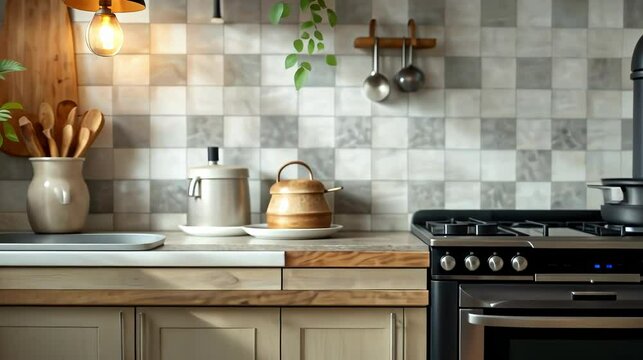 Cozy kitchen scene with fresh bread in a basket and a modern stove.