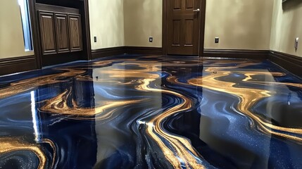 custom epoxy floor featuring artistic abstract designs, metallic finishes and a flawless high-gloss surface