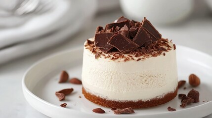 Delicate hazelnut praline mousse cake with an artistic chocolate garnish, served on a pristine white plate, modern dessert photography