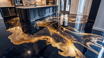 custom epoxy floor featuring artistic abstract designs, metallic finishes and a flawless high-gloss surface