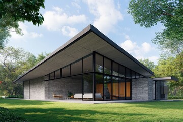 Modern architectural design showcases a spacious house with large glass windows surrounded by greenery, blending seamlessly into a natural landscape
