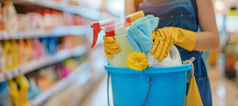 A cleaning lady holds a bucket filled with supplies, including bottles and cloths, while preparing to clean the store during daytime hours