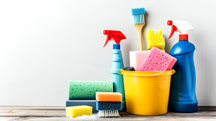 Vibrant cleaning supplies are placed on a wooden table, featuring sprays, sponges, and brushes, all set for effective cleaning tasks around the home or office