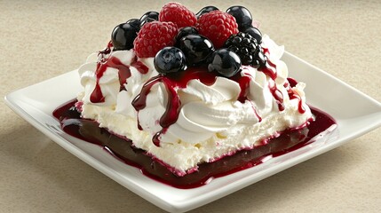 Fluffy meringue dessert topped with whipped cream, mixed berries, and a drizzle of raspberry sauce, styled on a simple white plate.