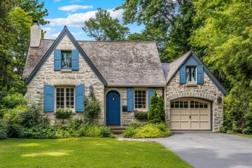 Nestled in a vibrant, green neighborhood, this charming stone house features beautiful blue shutters and a welcoming entrance, perfect for enjoying a sunny day