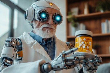 Robotic scientist examines medication in a modern laboratory setting during daylight hours