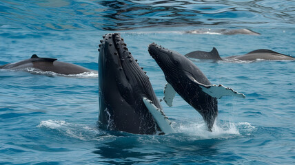 Fototapeta premium AI generative photo of a mother humpback whale and her calf in the ocean near Tonga. The mother whale is lifting her calf up to the surface for air. The calf is playfully splashing water.