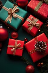 Beautifully Wrapped Christmas Gifts with Ribbons on Red Background Surrounded by Ornaments for Holiday Celebrations and Inspiration