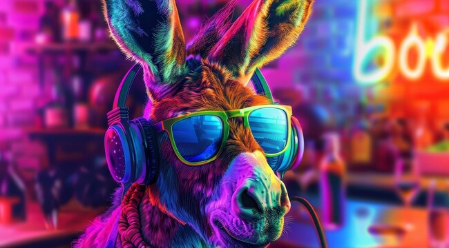 A joyful donkey is depicted wearing stylish sunglasses and large headphones, surrounded by a colorful bar environment filled with bright lights and decorations