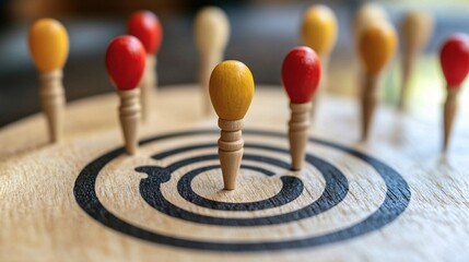 Yellow peg standing out from crowd of red pegs on target board