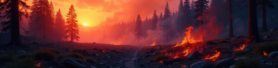 Towering trees reduced to smoldering stumps after large forest fire, mountain landscape, wildfire