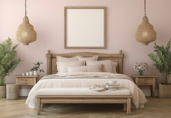 Blush pink bedroom with wooden bed, frame, and nightstands.