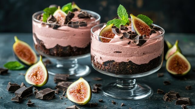Layered trifle dessert with creamy chocolate buttercream and fresh figs, beautifully garnished with a touch of chocolate curls and mint leaves.