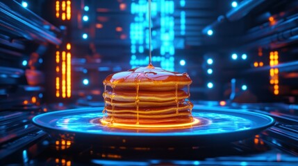 Futuristic pancake syrup pour, glowing plate, tech background, food concept