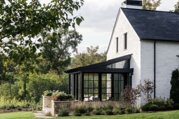 Obraz premium A contemporary home featuring a stunning glass extension is beautifully positioned amidst lush greenery, showcasing a tranquil landscape bathed in bright daylight