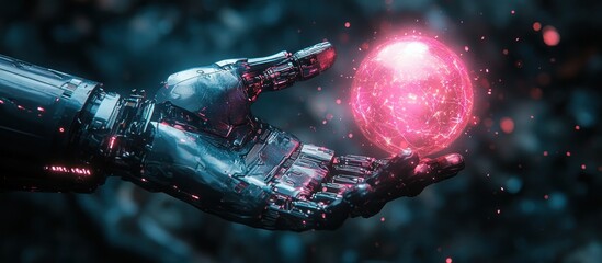 Futuristic Robotic Hand Reaching Towards Digital Sphere in Cyberpunk Art Style Augmented Reality and Virtual Reality Technology