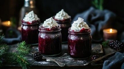Rustic rye bread dessert in glass jars, topped with cowberry jam and whipped cream, served on a dark wooden table with a cozy background.