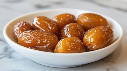 Fresh dates in a white bowl on a marble table