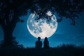 Couple shares a romantic moment under a full moon in a tranquil outdoor setting
