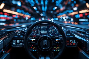 Advanced futuristic car cockpit featuring high-tech interfaces and vibrant ambient lighting