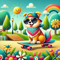 Cool Dog on a Skateboard in a Vibrant Park