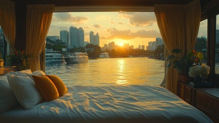 Fototapeta premium Sunset Riverfront Bedroom, Cityscape View, Luxury Cruise