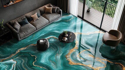 deep green marble epoxy floor, subtle gold veins for a nature-inspired luxurious feel