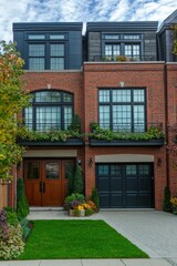 Fototapeta premium Beautiful red brick townhouse with modern features and lush greenery in a vibrant neighborhood during autumn in the afternoon