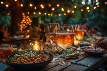 Friends celebrating together at a beer garden patio under warm lights in a lively outdoor gathering at night