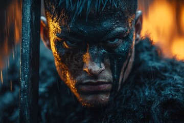Obraz premium Warrior preparing for battle in a rain-soaked forest at dusk with dramatic lighting highlighting fierce expression
