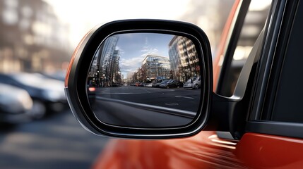 Detailed view of a car side mirror, showing a blurred reflection of a bustling parking lot scene