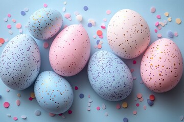 Top view of pastel easter eggs and confetti bright airy design on blue background with negative space