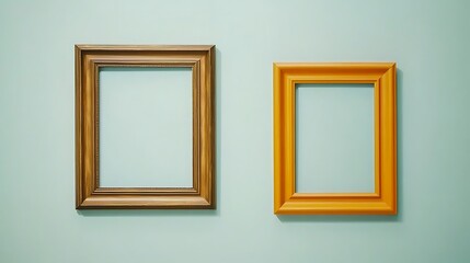 Fototapeta premium Pair of Empty Picture Frames in Brown and Yellow hanging on Light Blue Wall Space for Artwork Display