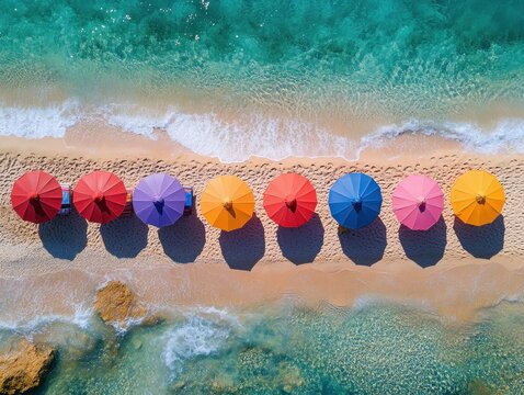 Aerial View of Colorful Beach Umbrellas and Sandy Shore at Drini Beach in Yogyakarta Indonesia