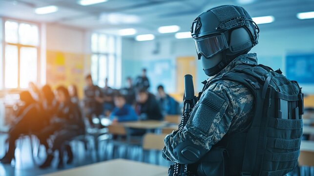 Soldier guarding students inside classroom during terrorist attack drill