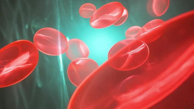 Close-up of red blood cells floating in a transparent environment with glowing blue light, symbolizing blood circulation and biological processes.
