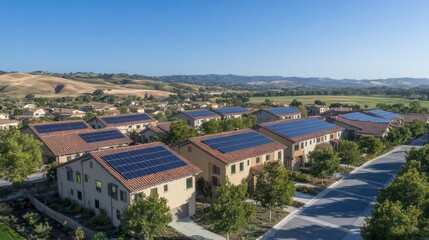 Obraz premium A community solar array in a rural village, with panels on rooftops providing clean energy to nearby homes under clear skies.