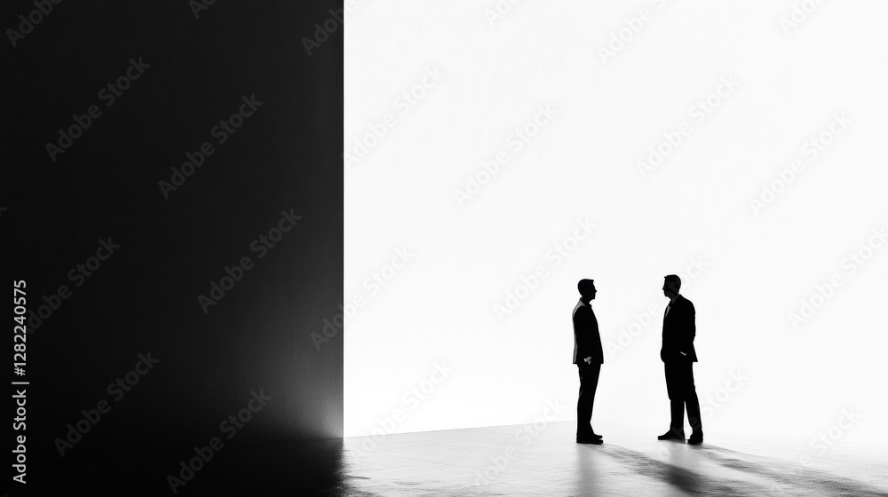 Fototapete silhouettes of two executives engaged in a conversation in a minimalist setting during the day. gene