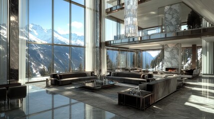 Fototapeta premium Modern Mountain View Living Room: Luxury Interior Design with Panoramic Windows and Fireplace
