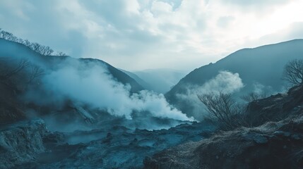 dramatic Japanese scenery featuring volcanic landscapes, steam rising from hot springs, and rugged terrain