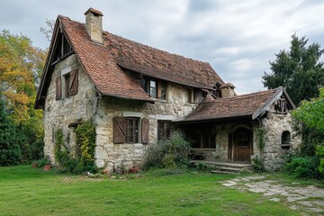 Obraz premium Rustic countryside castle house made of aged stone and wooden beams