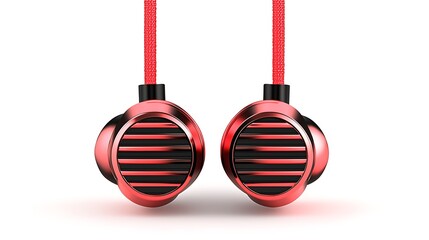Red Audio Headphones with Cable Isolated on White Background for Listening Music and Podcast Audio