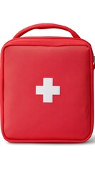 Red First Aid Kit Bag with White Cross Symbol Offering Medical Help and Emergency Supplies Safety