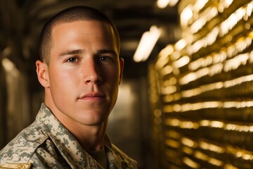 Man in a military uniform stands in front of a gold wall